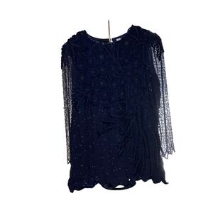 Diane Freis Vintage Woman  SizeL Silk Hand Beaded Navy Blue Sequin Dress/Blouse
